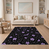 Washable Gothic Bat and Purple Floral Area Rug - Dark Botanical Low Pile