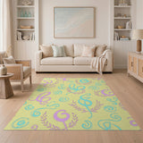 Playful Yellow Alphabet Swirl Rug with Pink Letters Blue Laurels
