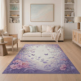 ODIKA Washable Whimsical Lavender Floral Butterfly Area Rug, Non-Slip Low Pile