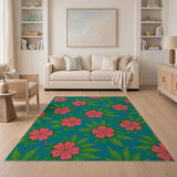 Pink Hibiscus Floral Teal Area Rug