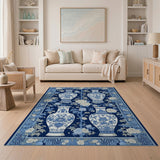 ODIKA Washable Chinoiserie Blue and White Ginger Jar Area Rug - Low Pile & Non-Slip