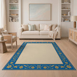 Ornate Blue Gold Floral Border Area Rug