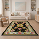 Black Persian Floral Area Rug with Pink Peonies Gold