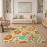 Vibrant Orange Teal Floral Pattern Area Rug