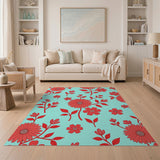Vibrant Red Gerbera Floral Teal Area Rug