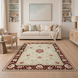 Beige and Neutral Ivory Persian Floral Area Rug with Red Border