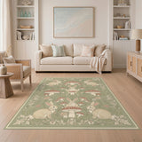 Vintage Green Rabbit Mushroom Floral Area Rug
