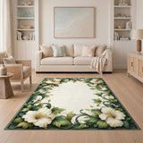 White Floral Green Vintage Washable Area Rug
