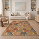 Washable Terracotta Geometric Hexagon Low Pile Area Rug
