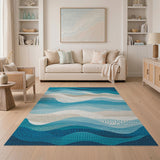 Washable Abstract Coastal Blue Wave Area Rug - Low Pile, Non-Slip, Pet Friendly