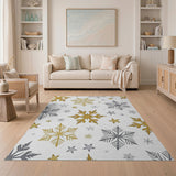 ODIKA Washable Gold and Silver Snowflake Holiday Area Rug - Low Pile Non-Slip Carpet