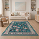 ODIKA Washable Teal Floral Area Rug - Pink Cherry Blossom Traditional Low Pile Non-Slip Rug