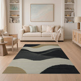 Abstract Wavy Black Beige Neutral Area Rug