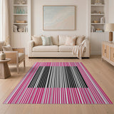 Pink Framed Black White Striped Rug