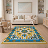 Ornate Blue Gold Floral Medallion Rug