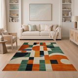 ODIKA Washable Mid-Century Modern Geometric Area Rug - Low Pile, Non-Slip, Green & Orange