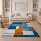 Abstract Blue Geometric Area Rug with Orange Accent