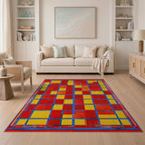 Vibrant Red Yellow Blue Geometric Mosaic Rug