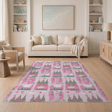 ODIKA Washable Pink Castle Kids Area Rug - Non-Slip Low Pile Playroom Rug