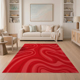 Vibrant Red Abstract Wave Area Rug