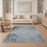 Distressed Vintage Blue Floral Medallion Rug
