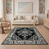 Elegant Black White Persian Floral Medallion Rug