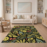 Vibrant Yellow Floral on Black Area Rug