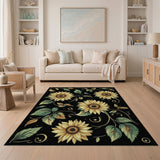 Golden Sunflower Floral Area Rug Black