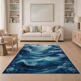 ODIKA Artistic Great Wave Blue Washable Rug - Low Pile Non-Slip Area Rug