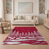 Red Reindeer Snowy Forest Silhouette Area Rug