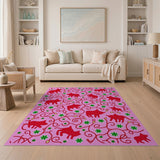 Whimsical Red Pigs Clovers on Pink Area Rug