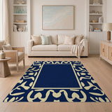 Navy Blue Ivory Floral Border Area Rug