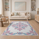Ornate Pink Blue Floral Vintage Rug
