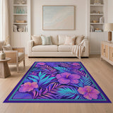 Washable Neon Tropical Floral Area Rug - Low Pile, Non-Slip & Pet Friendly