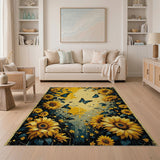 ODIKA Sunflower and Butterfly Vintage Art Washable Rug - Non-Slip Low Pile Floral Area Rug
