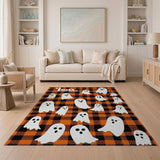 Boo! Cute Ghosts Orange Black Plaid Rug