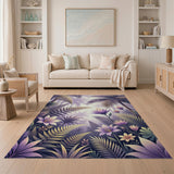Lush Purple Jungle Ferns Blooms Area Rug