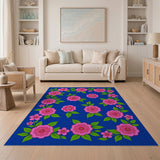 Vibrant Pink Floral Blue Area Rug