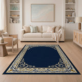 Blue and Teal Navy Blue Ornate Gold Border Area Rug