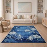 Navy Blue Birds and White Peonies Area Rug