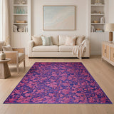 Vibrant Pink Floral on Purple Vintage Rug