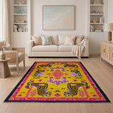 Vibrant Yellow Tiger Rug with Pink Tribal Motifs