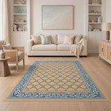 Beige Trellis Lattice Area Rug with Blue Border