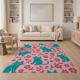 Playful Teal Cats Red Flowers Pink Area Rug