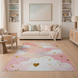 Dreamy Pink Clouds Gold Hearts Area Rug