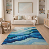 ODIKA Modern Abstract Blue Wave Washable Area Rug, Low Pile Non-Slip