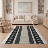 Bold Black Cream Striped Woven Runner Rug