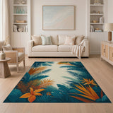 Teal Palm Frond Area Rug with Orange Hibiscus