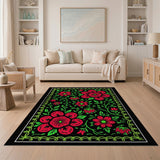 Vibrant Red Floral Area Rug on Black