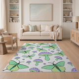Whimsical Green Butterflies Purple Mushrooms Rug